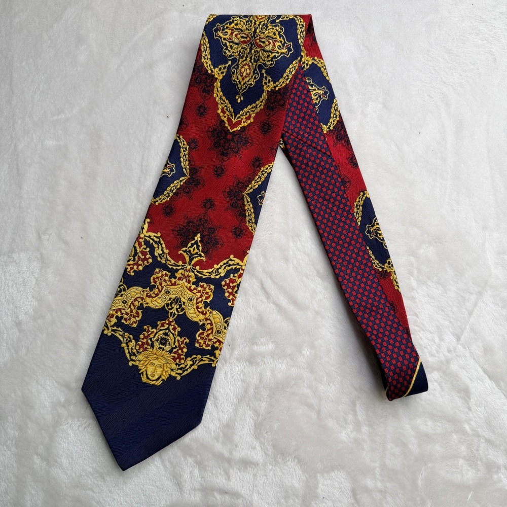 Vintage Versus Gianni Versace Silk Tie Baroque Medusa Red Navy Gold 90s archival